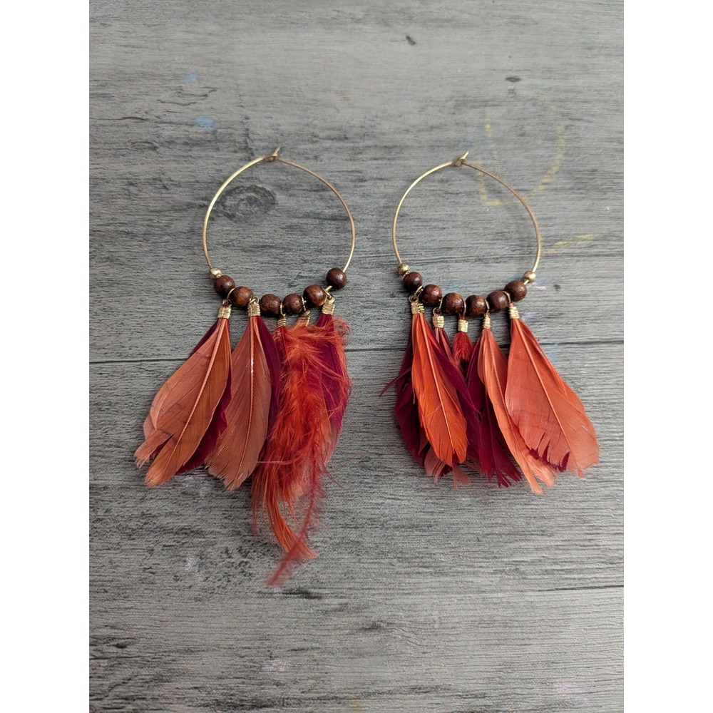 Boho Gold Hoop Feather Earrings Burnt Orange Rust Wood Bead Statement Jewelry